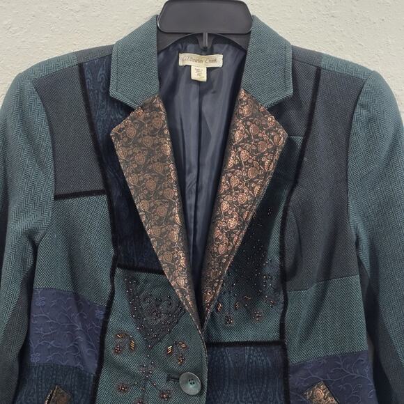 Coldwater Creek Embroidered Patchwork Blazer Jacket Womens P8 Blue Teal Metalic - Picture 2 of 14